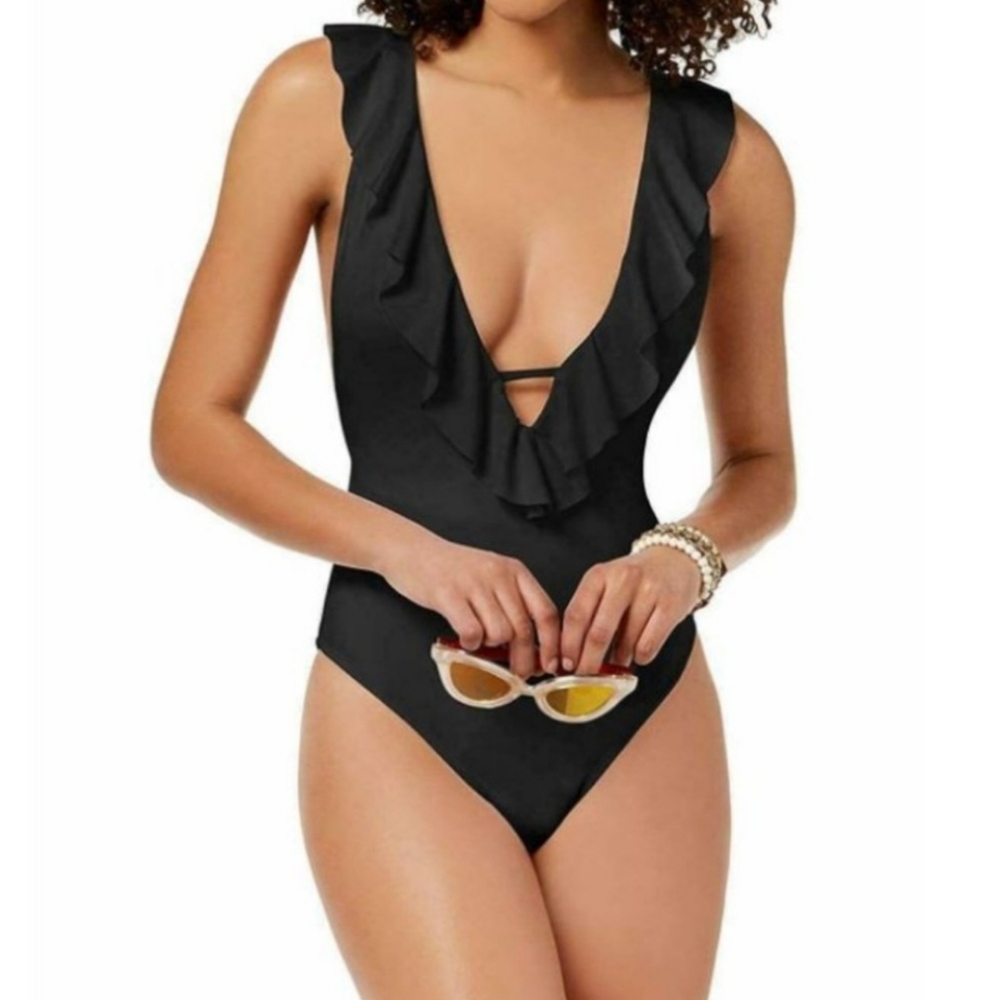 NWT Bar III Deep Plunge Ruffle Neck Cross Back Cheeky One-Piece Swimsuit